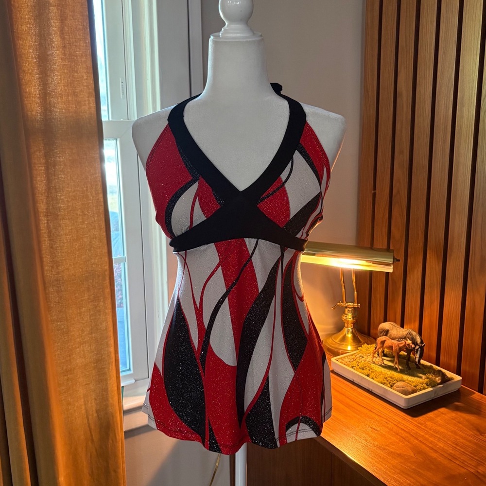 Vtg 90s Vanity Women Red Black White Abstract Glitter Halter Top V-Neck Size L